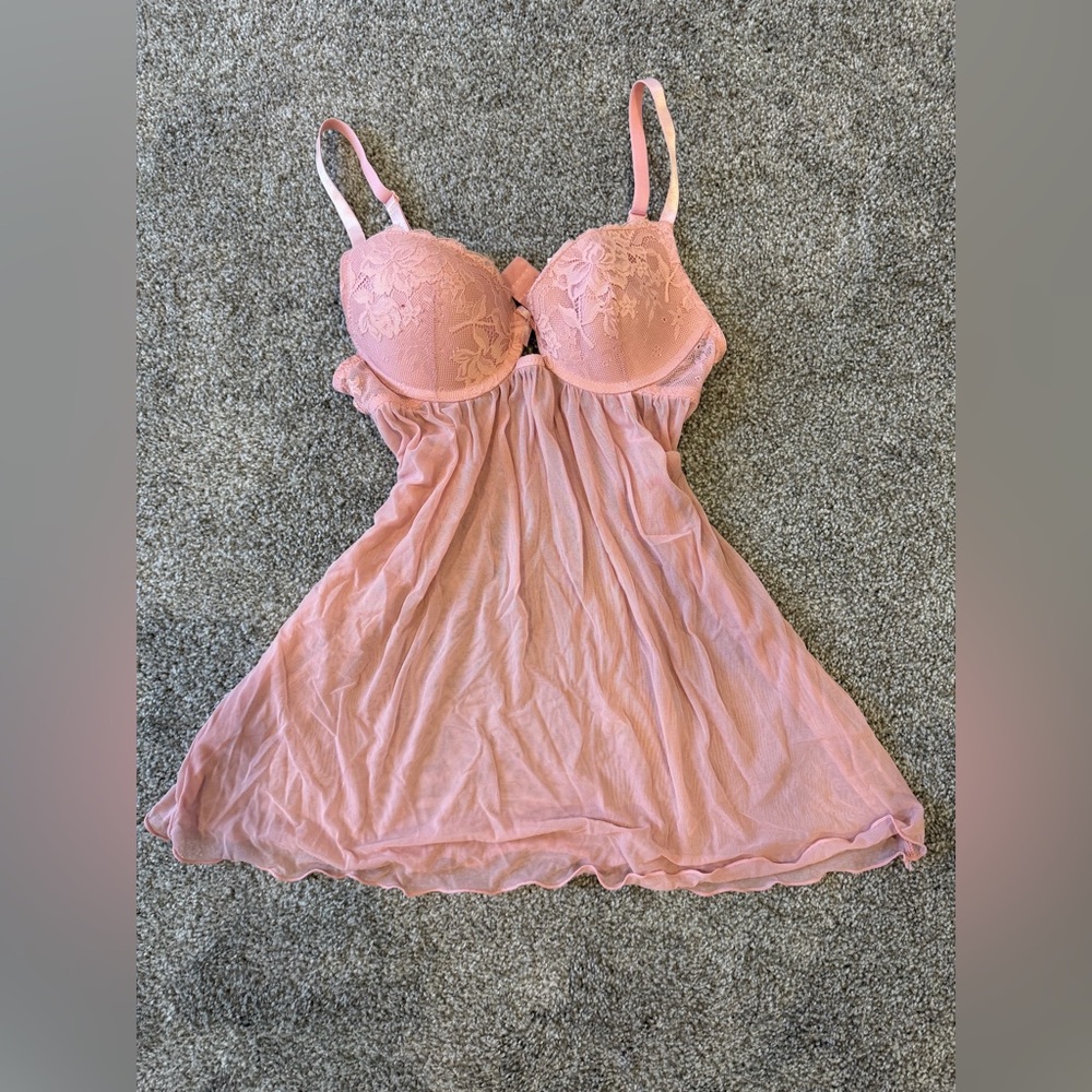 Hush Intimates Pink Mesh Lace Babydoll Nightgown V-Neck Sleeveless